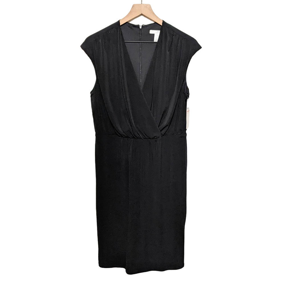 London Times Womens Surplice Blouson Dress Size 10 Black Sleeveless V Neck NWT